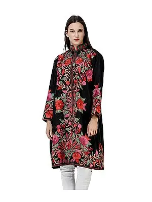 Caviar-Black Long Silk Jacket From Kashmir With Aari-Embroidered Giant Flower and Leaf