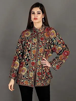 Black-Beauty Pure-Wool Short Jacket From Kashmir With Giant Aari-Embroidered Flowers