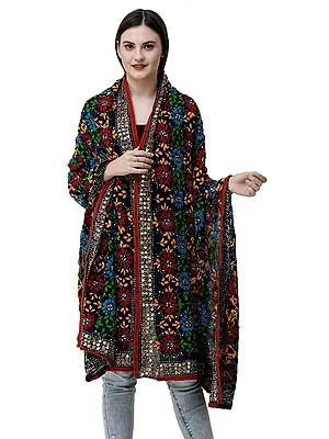 Phulkari Dupatta From Punjab With Multicolored Crewel Embroidery And Sequins