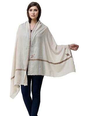 Snow-White Cashmere Stole from Kashmir with Sozni Hand-Embroidery on Border