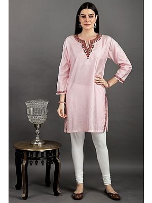 Tickled-Pink Silk Kurti from Kashmir with Aari Embroidery by Hand
