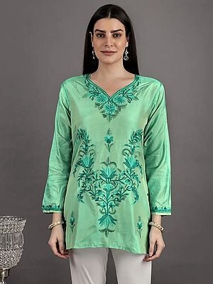 Beveled-Glass Silk Short Kurti from Kashmir with Aari Embroidery by Hand