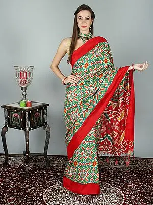 Digital Patola Ajrakh Print Saree With Red Border And Tassels