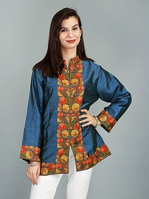 Deja Vu-Blue Mandarin Jacket from Kashmir with Vibrant Kashida Embroidered Flowers