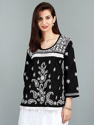 Black Chikan Kurti with Hand-Embroidered Floral Paisley Motif and Crotchet Insert