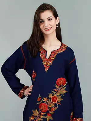 Midnight-Sail Woolen Kurti from Kashmir with Aari Embroidery