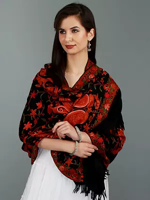 Black-Onyx Stole from Kashmir with Aari-Hand-Embroidered Floral and Giant Paisleys