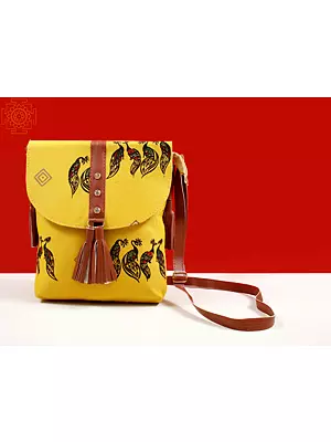 Passion-Fruit Fabric Bag from Surajkund with Peacock Print & Leather-Stud Detailing