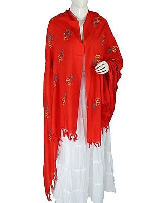 Radhe-Radhe Prayer Stole with Thread Embroidery