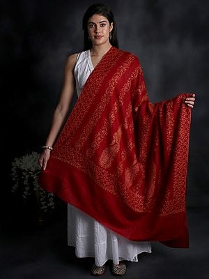 Pure Wool Kashmiri Shawl with Sozni Hand-Embroidered Horizontal Floral Pattern And Paisley Motif