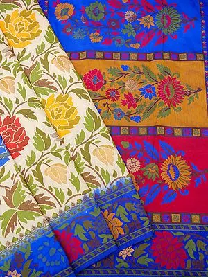 Cream-Rose Soft Silk Banarasi Saree with Brocaded Floral Motif