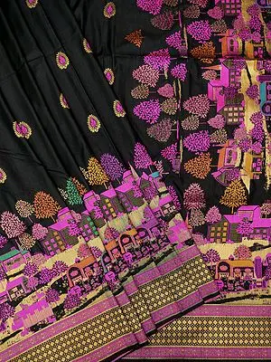 Caviar-Black Soft Silk Banarasi Saree with Brocaded Floral Motif
