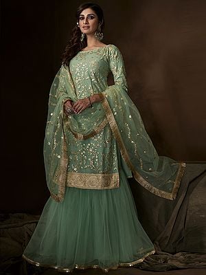 Green Soft Net Sharara Suit With Sequin, Zari Work And Soft Net Dupatta