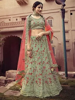 Pista Georgette Designer Frill Lehenga Choli With Thread Embroidered Zarkan Work And Soft Net Dupatta