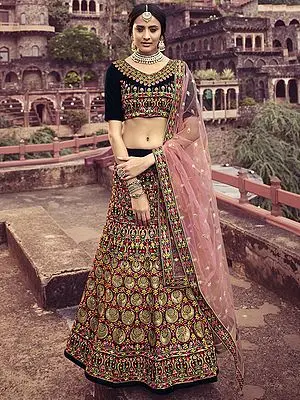 Navy-Blue Velvet Lehenga Choli with Heavy Thread Embroidered Zarkan Work and Soft Net Dupatta