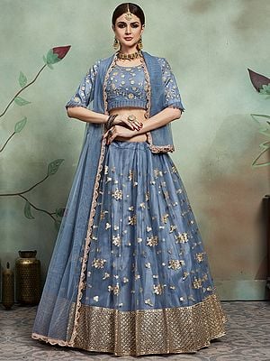 Blue-Grey All over Golden Sequins Work Net Lehenga with Pleats on Choli and scalloped dupatta
