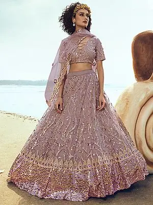 Lilac Soft Net Bail Butta Work on Lehenga Choli with Dupatta