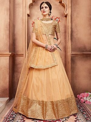 Beige Net Embellished Sequins Work Lehenga with Golden Shimmer Choli and Dupatta