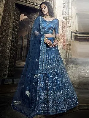 Kerosene-Blue Art Silk Lehenga Choli Set with Thread Embroidered and Zarken Work