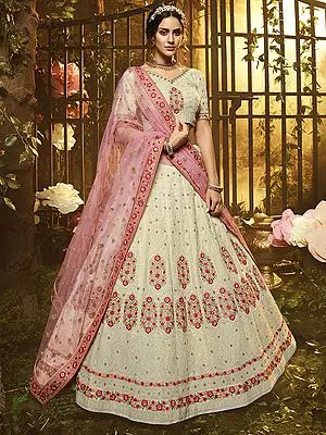 Ivory Georgette Lehenga Choli Mughal Embroidery with Designer Dupatta