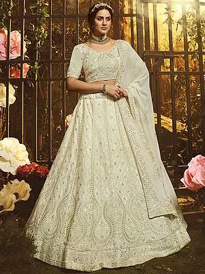 Cream-White Georgette Lehenga Choli Set with Thread Embroidered and Zarken Work