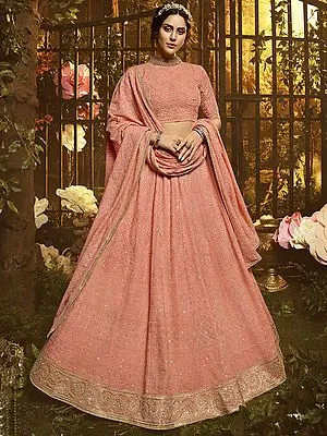 Coral-Peach Georgette Lehenga Choli With Thread Embroidered And Designer Dupatta