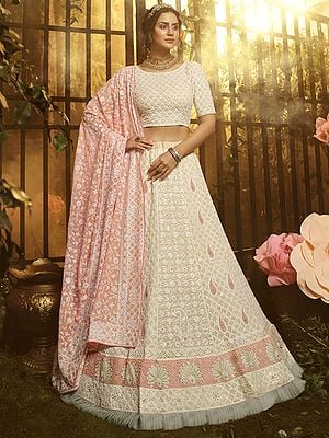 White And Coral Georgette Frill Lehenga Choli Set All Over Zarken  And Beads Work