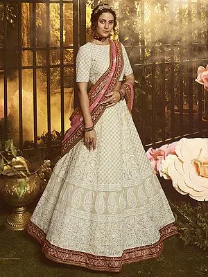 Star-White Georgette Lehenga Choli Embellished Thread Work And Sheer Dupatta