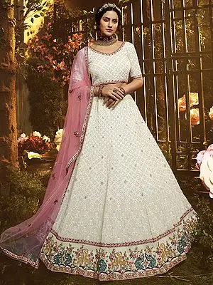 White And Pink Georgette Lehenga Choli With All Over Beads Work And Embroidered Dupatta