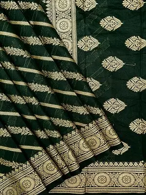 Banarasi Khadi Silk Saree with Diagonal Stripes Bail on Body, Chakra on Border and Peacock Feather Motif on Pallu
