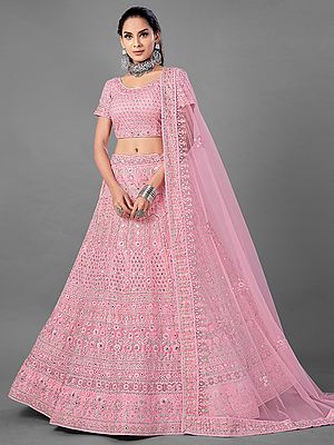 Pink Soft Net Floral Mughal Pattern Lehenga Choli with Dori, Thread, Zarkan Work