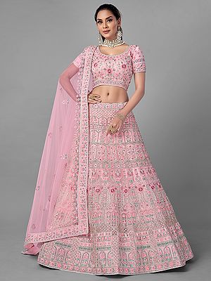 Pink Soft Net Lehenga Choli With Dori, Zarkan, Thread Work And Mughal Design Pattern