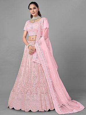 Pink Soft Net Lehenga Choli with Kali Pattern Dori-Zarkan Work and Dupatta