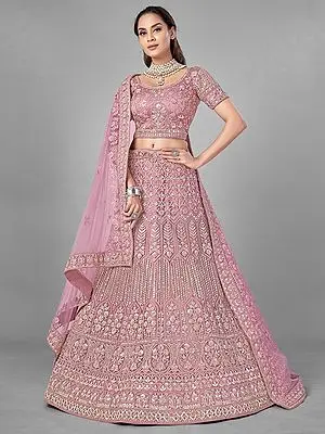 Pink Soft Net Mughal Motif Lehenga Choli With Gota, Zarkan, Dori Work