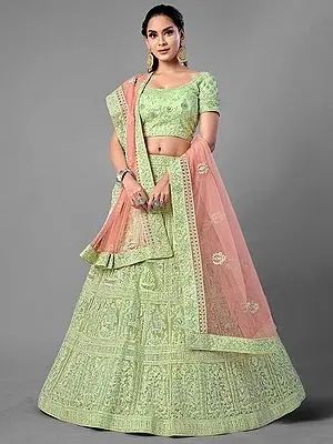 Pista Soft Net Embellished Lehenga Choli with Dori, Zarkan Work Floral-Elephant-Horse Motif