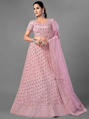 Pink Soft Net Lehenga Choli with All-Over Dori-Zarkan Work and Floral Bail Buti Motif
