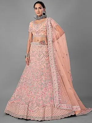 Peach Soft Net Lehenga Choli with Necklace Design Embroidered Dori, Zarkan, Thread Work
