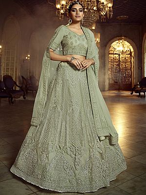 Olive-Green Soft Net Lehenga Choli with Over Silver Thread Embroidery and Designer Dupatta