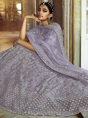 Light-Lavender Soft Net Lehenga Choli with Over Silver Thread Embroidery and Designer Dupatta