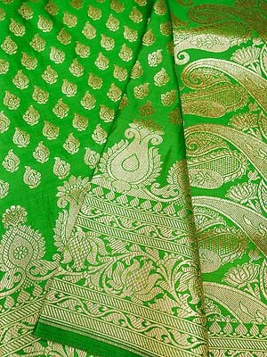 Banarasi Satin Silk Saree With Conch-Floral Motif And Kalka-Bail Butta On Border-Pallu