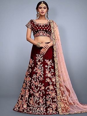 Velvet Silk Designer Lehenga Choli with All Over Pink Flower Embroidery and Sheer Dupatta