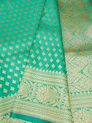Banarasi Satin Silk Saree with Conch Motif on Body and Zari Kali Pattern on Pallu