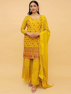 Marigold Chinon Sharara Pant Salwar Kameez Suit With Multicolour Thread Embroidered and Foil Mirror Work