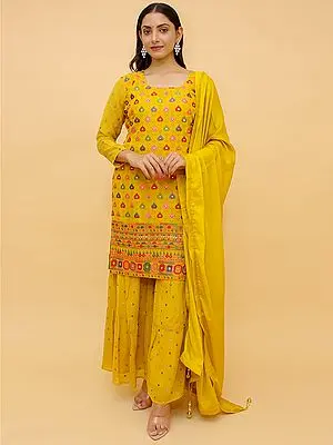 Marigold Chinon Sharara Pant Salwar Kameez Suit With Multicolour Thread Embroidered and Foil Mirror Work