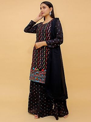 Navy-Blue Art Silk Sharara Pant Salwar Kameez Suit With Colourful Bail Design Embroidered and Foil Mirror Work