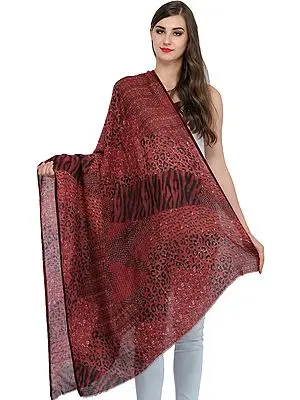 Fired-Brick Pure Wool Shawl with Leopard-Tiger and Abstract Digital Print Placement