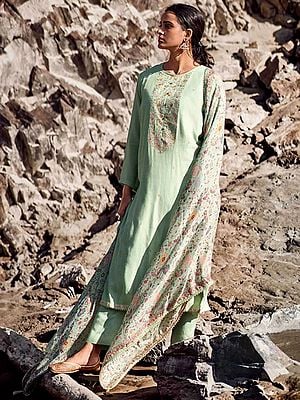 Cotton Silk Floral-Paisley Motif Salwar Kameez With Resham Embroidery On Neck Placket And Digital Printed Dupatta
