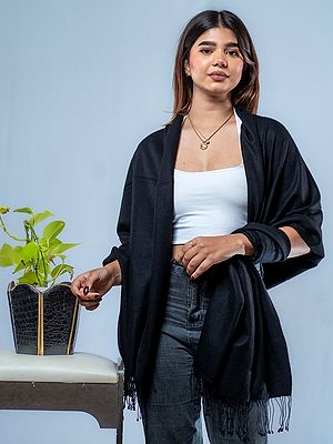 Black-Beauty Plain Pashmina Silk Shawl From Nepal With Single String Tassels