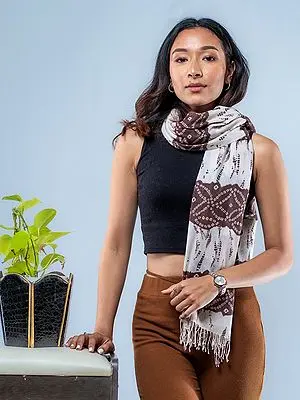 White-Brown Abstract Ek Bundi Print Pure Pashmina Stole from Nepal