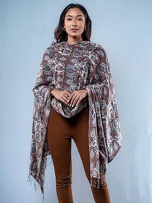 Pashmina Silk Shawl from Nepal with Floral Print with Single String Tassels